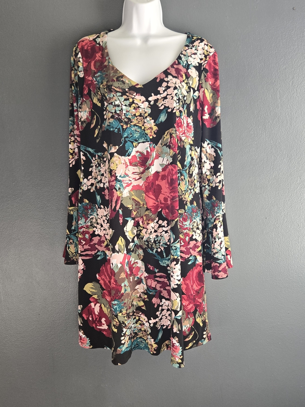 Multicolor Floral Dark Cottagecore Whimsigoth Bell Sleeve Swing Dress 12 - Picture 7 of 8